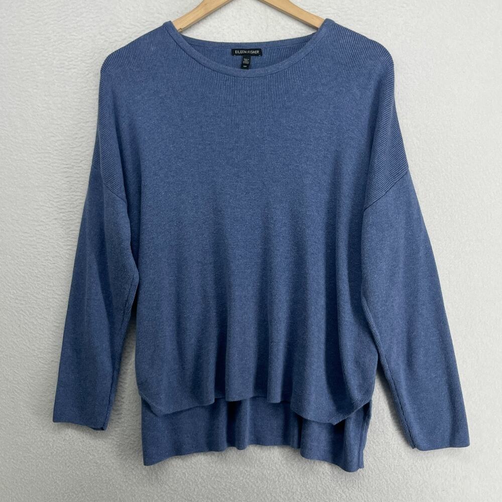 EILEEN FISHER Sweater S Organic Cotton Ribbed Tunic Round Neck Pullover Blue